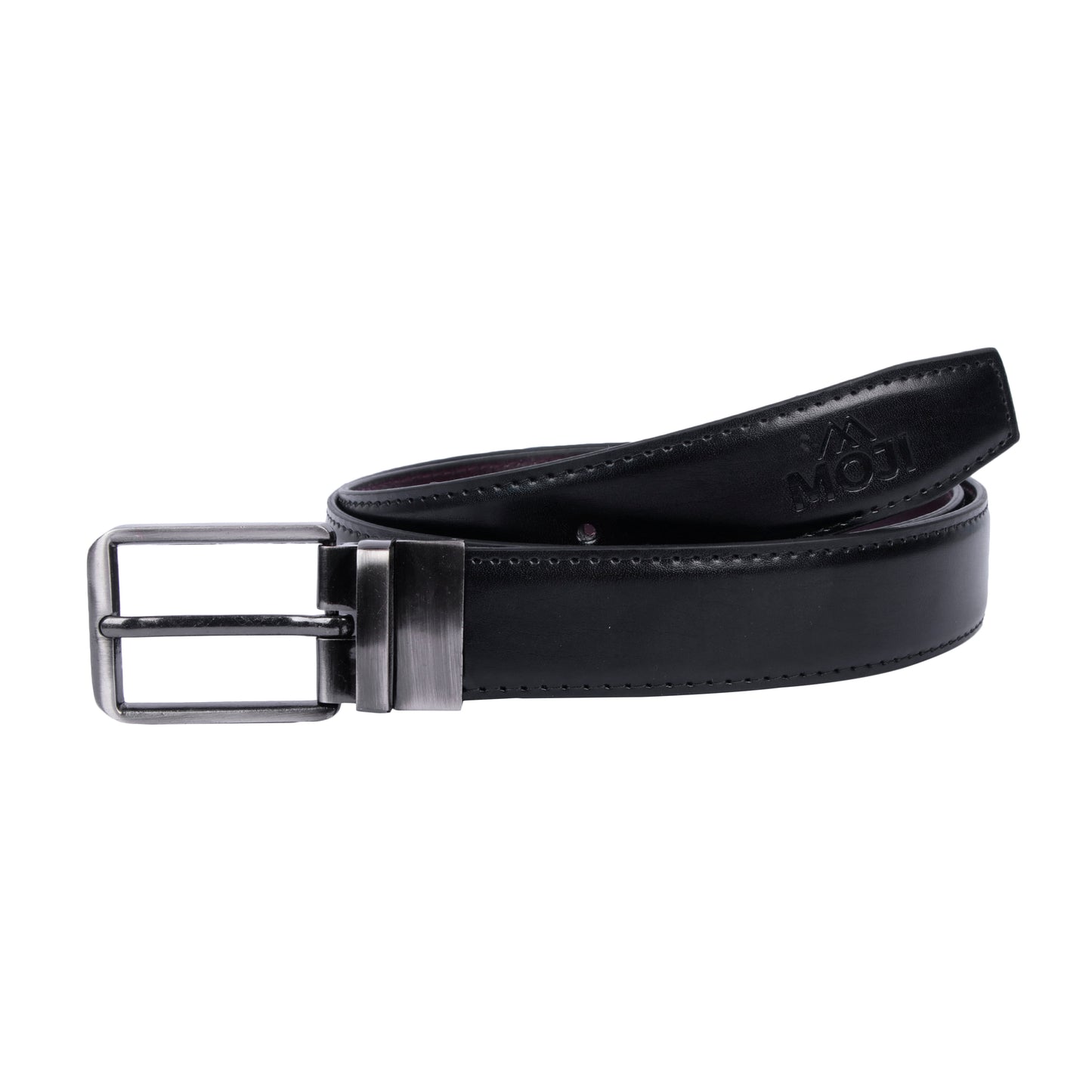 Black leather belt with silver buckle on a white background
