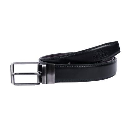 Black leather belt with silver buckle on a white background